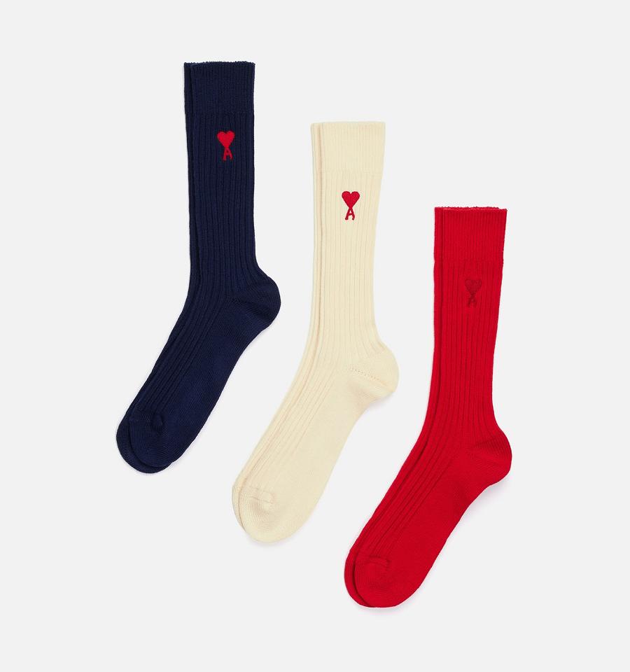 Ami Paris Three Pack Ami de Coeur Socks Navy / Beige / Red | ami-AU220