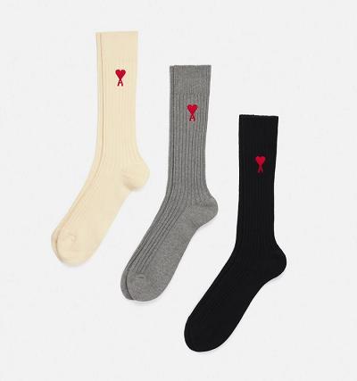 Ami Paris Three Pack Ami de Coeurs Socks Black / Grey / Beige | ami-AU101