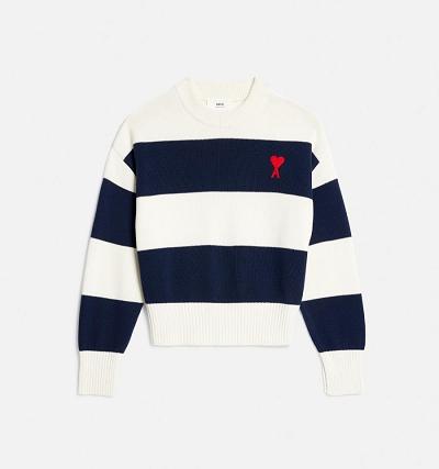 Men's Ami Paris Ami de Coeur With Rugby Stripes Sweaters White / Navy | ami-AU365