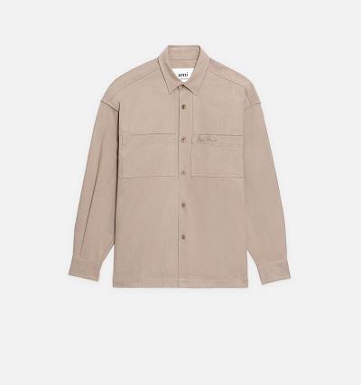 Men's Ami Paris Embroidery Overshirt Shirts Khaki | ami-AU430