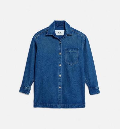Men's Ami Paris Overshirt With Print Denim Blue | ami-AU598