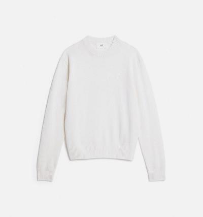 Men's Ami Paris Tonal Ami de Coeur Crewneck Sweaters White | ami-AU390