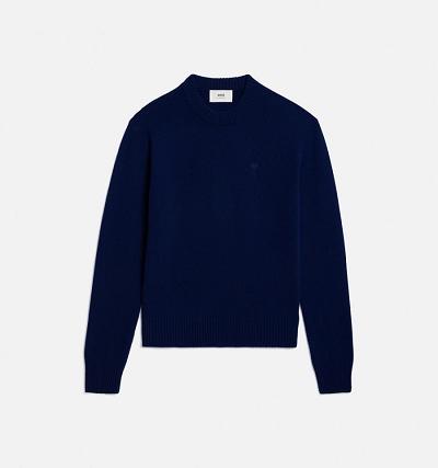 Men's Ami Paris Tonal Ami de Coeur Crewneck Sweaters Navy | ami-AU585