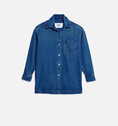 Women's Ami Paris Overshirt With Print Shirts Navy | ami-AU330