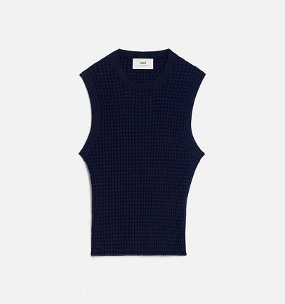 Women's Ami Paris Pleated Sleeveless Sweaters Navy | ami-AU532