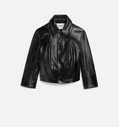 Women's Ami Paris Short Leather Buttoned Jackets Black | ami-AU444