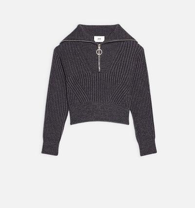 Women's Ami Paris Zip Collar Ribbed Jumper Sweaters Grey | ami-AU362